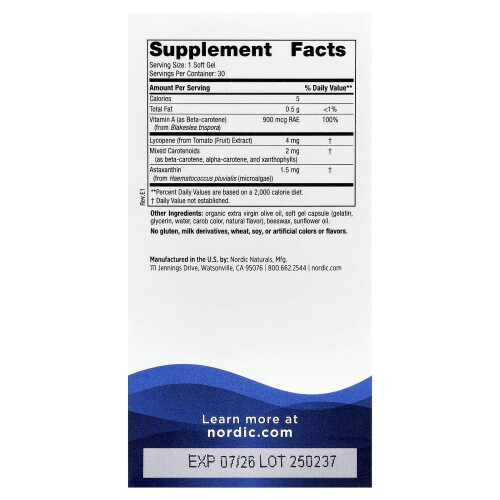 Nordic Naturals Nordic Naturals, Βιταμίνη A + Καρατενοειδή, 30 Μυαλη Στερεοποιημένη 1