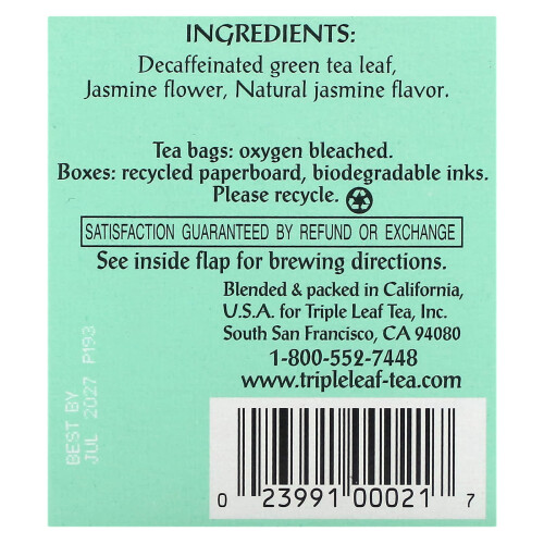 Triple Leaf Tea, Jasmin Decaf Grøn Te, 20 Tebæger, 1,34 oz (38 g) 1