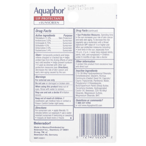 Aquaphor Aquaphor, Protector de Labios + Protector Solar, SPF 30, 2 Tubos, 0.35 fl oz (10 ml) Cada uno 2