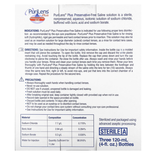 Purilens, Plus Fritt Konservant Salin, 3 Flaskor, 4 fl oz (120 ml) Varje 2
