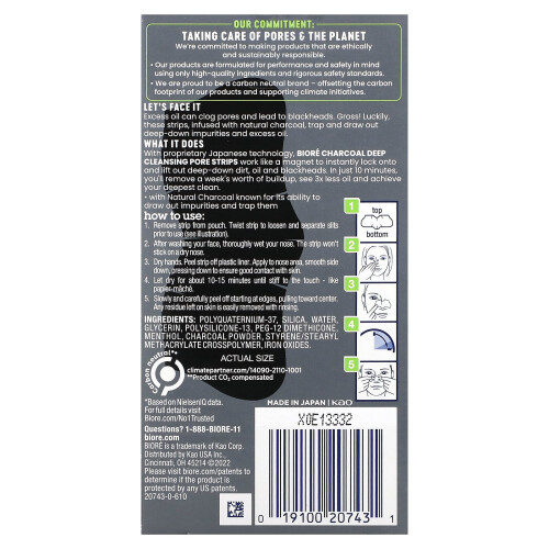 Biore, Deep Cleansing Charcoal Pore Strips, 6 Nosní Stripsy 1