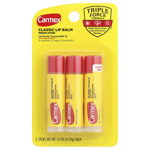 Carmex Καρμέξ, Κλασική Λιπική Βαλσάμια, Medicated, SPF 15, 3 Στιβίδια, 0.15 oz (4.25 g) Each 1