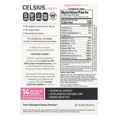 Celsius, Live Fit, Dragonfruit Lime, 14 On-The-Go Packets, 0.2 oz (5.74 g) Each 1