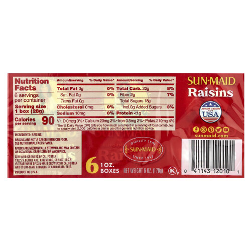 Sun-Maid, Καλιφόρνια Σοβαρά Ραΐσινες, 6_Boxes, 1 oz (28.3 g) Each 1