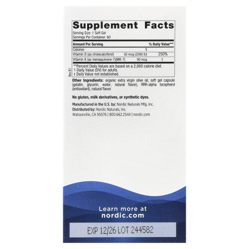 Nordic Naturals Nordic Naturals, Βιταμίνη D3 + K2, Μεγάλο Πορτοκαλί, 60 Μαλακά Γεμίσματα 1