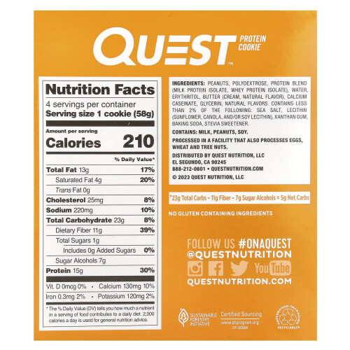Quest Nutrition, Protein Cookie, Peanut Butter, 4 Pack, 2.04 oz (58 g) Each 1