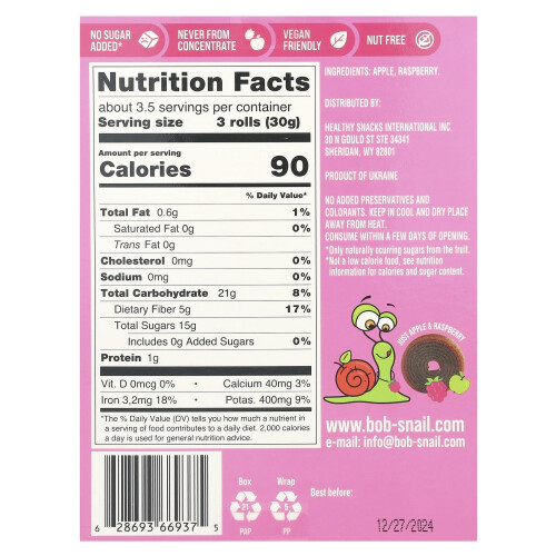 Bob Snail, Φρούτα Ρολό, Apple-Raspberry, 10 Συσκευές, 0.35 oz (10 g) Each 1
