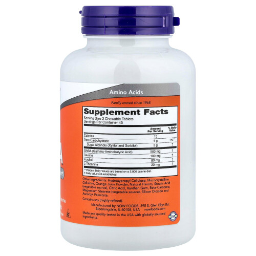 NOW Foods ΝΟ Foods, Ψηλάσιμα ΓΑΒΑ, Φυσικός Πορτοκαλί Γεύσης, 90 Ψηλάσιμα 1