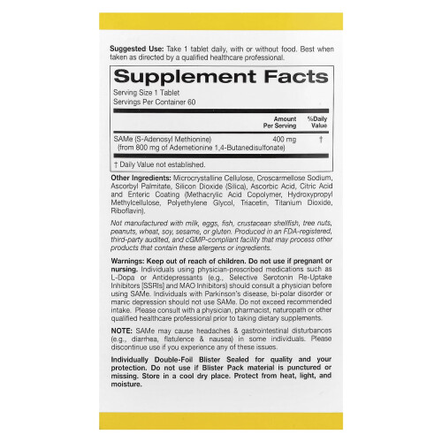 California Gold Nutrition, SAMe (Butanedisulfonate), 400 mg, 60 Enteric Coated Tablets 1
