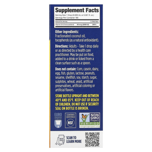 Ddrops, Vitamina D3 lichidă, 2,000 IU, 0,17 fl oz (5 ml) 1