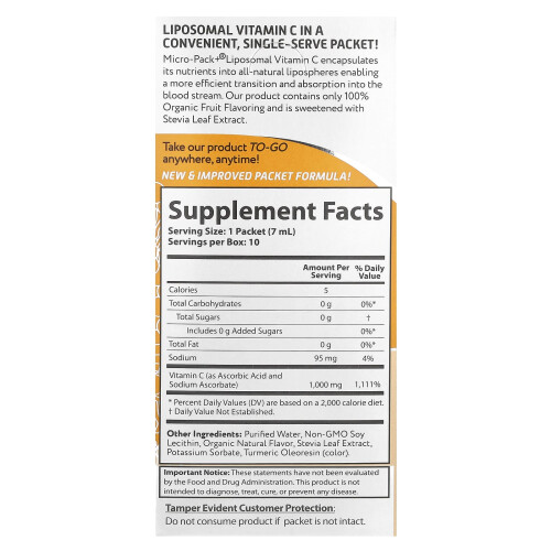 Aurora Nutrascience, Micro-Pack+, Vitamina C Liposomale, 10 Pacchetti, 0.24 fl oz (7 ml) Ogni 1