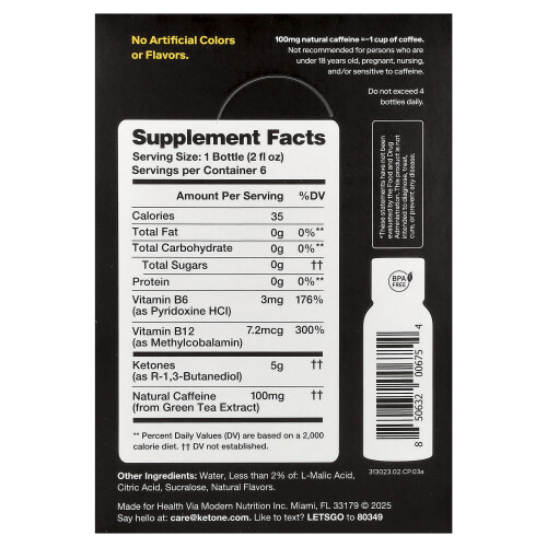Ketone-IQ, Shot Ενέργειας, Peach, 6 Φιάλες, 2 fl oz (59 ml) Κάθε 1