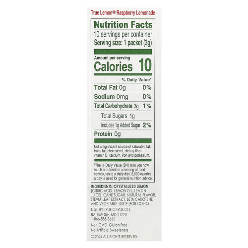 True Citrus, True Lemon, Raspberry Lemonade, 10 Packets, 0.11 oz (3 g) Each 1
