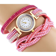 (Pink) Fashion Womens Watch Bracelet Crystal Leather Dress Analog Watches Wrist Quartz