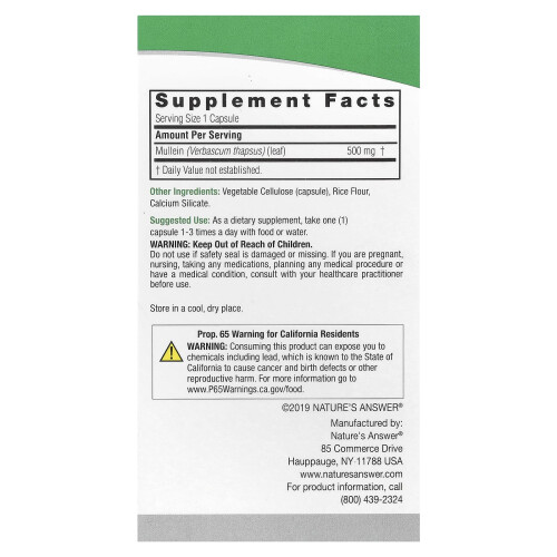 Nature's Answer, Mullein Leaf, 500 mg, 90 Vegetariske Capsules 1
