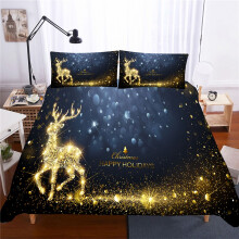 (Gold Deer, 259x229cm(3pc)) Creative Santa Claus Christmas Quilt Duvet Cover Set Bedding Decor Set Home