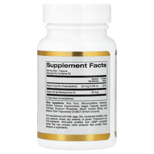 California Gold Nutrition, Vitamiini D3 + K2, 60 kasvikapselia 1