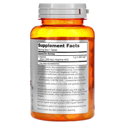 NOW Foods NOW Foods, Double Strength L-Αργινίνη, 1,000 mg, 60 Ταμπλέτες 1