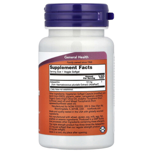 NOW Foods NOW Foods, Ασταξανθίνη, 12 mg, 60 Βεγέταριαν Μυλίδες 1