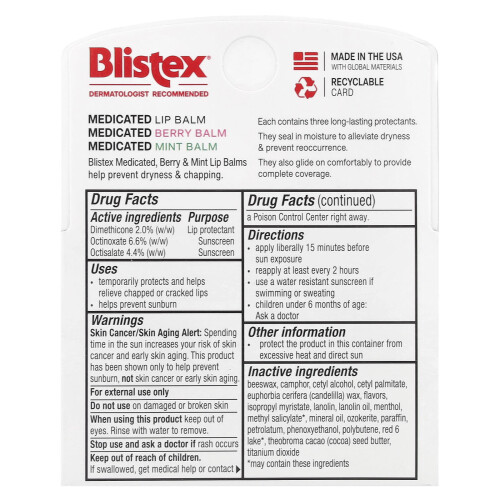 Blistex Blistex, Φαρμακευτική Γλώσσα, SPF 15, Μέντα, Φρούτα, Κλασική , 3 Πακέτα, 0,15 oz (4,25 g) Κάθε 2