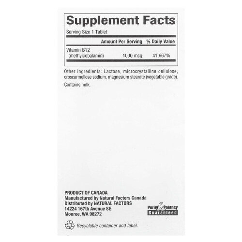 Natural Factors, B12, Methylcobalamin, 1.000 mcg, 180 eetbare tablets 1