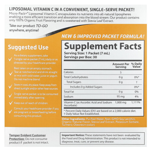 Aurora Nutrascience, Micro-Pack+ Liposomal Vitamin C, 1,000 mg, 30 Single-Serve Liquid Packets, 0.24 fl oz (7 ml) Each 1