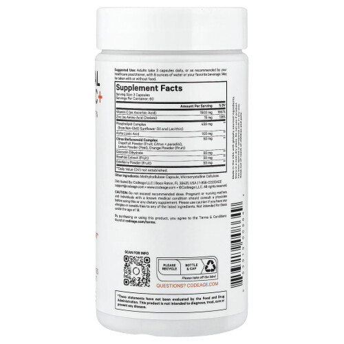 Codeage, Vitamiinit, Liposomaalinen Vitamiini C+, Vitamiini C, Kversektiini, Rosipit, Sinkki, 180 kapselia 1