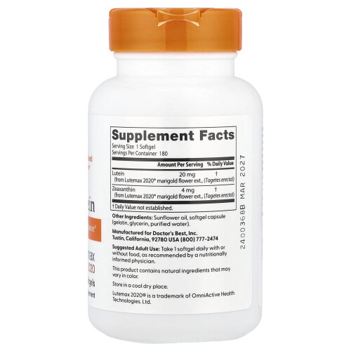 Doctor's Best, Λουτεΐνη με Lutemax 2020, 20 mg, 180 Σκληρά Κψούλια 1