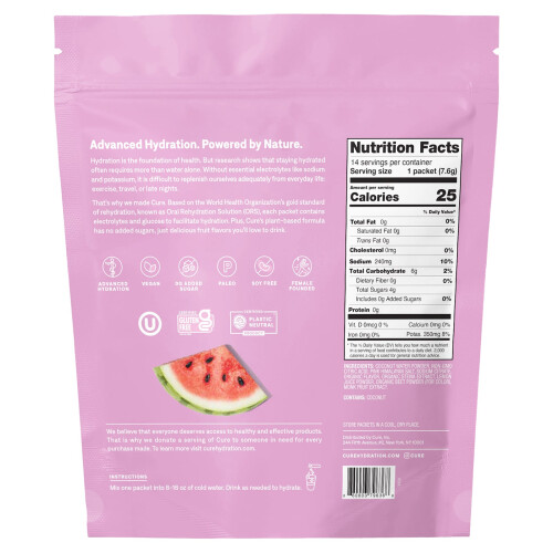 Cure Hydration, Ελαττωτική Electrolyte Mix, Watermelon, 14 Πακέτα, 0.27 oz (7.6 g) Each 1