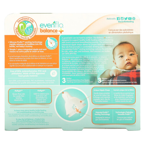 Evenflo Feeding, Balance+ Flaskor, Standard, 0+ Månader, Långsam Flöde, 3 Flaskor, 4 oz (120 ml) Varje 1