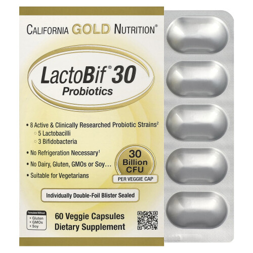 Καλιφόρνια Gold Nutrition, LactoBif 30 Προβιοτικά, 30 Δισεκατομμύρια CFU, 60 Βοτανογενή Καψούλες 1