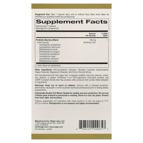 Καλιφόρνια Gold Nutrition, LactoBif 30 Προβιοτικά, 30 Δισεκατομμύρια CFU, 60 Βοτανογενή Καψούλες 2