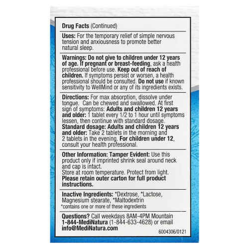 MediNatura, WellMind Calming Day/Night, 100 Comprimidos 2