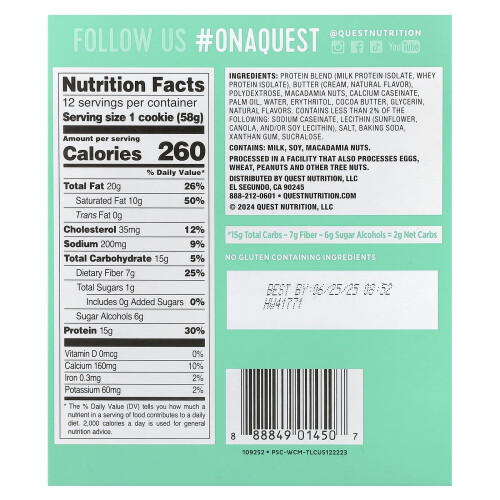 Quest Nutrition, Πρωτεΐνη Κούκκερ, Λευκό Καραμέλα Μακαδιά, 12 Κούκκερς, 2.04 oz (58 g) Κάθε 1
