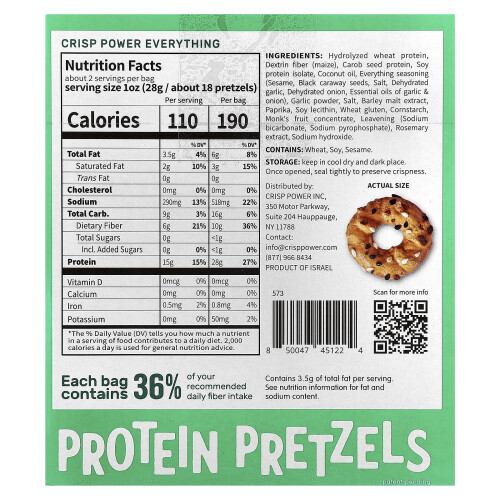 Crisp Power, Πρωτεϊνικά Πρέτζελς, Everything, 6 Σάκους, 1.75 oz (50 g) Κάθε 1