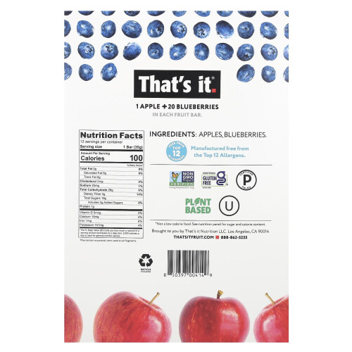 That's It, Fruit Bars, Apple + Blueberries, 12 Bars, 1,2 oz (35 g) Each 1