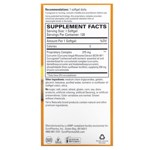 Terry Naturally, CuraMed, Ανώτατη Απελευθέρωση Κούρκουμης, 375 mg, 120 Γεμιστά 1