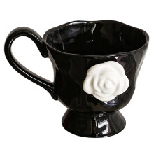 Camellia Embossed French Household Breakfast Milk Cup, Ceramic Mug, Office Coffee Cup, Retro Mugs with Handle
