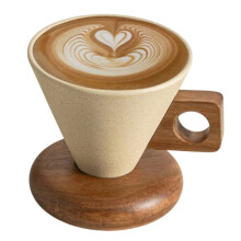 Ceramic Coffee Cup& Wood Base Spoon Set Retro Coffee Mug with Handle Household Exquisite Afternooon Tea Set for Woman