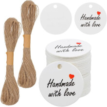 200 St. Handmade With Love-Etiketter, Vita Presentetiketter med Snöre 1,2" Runda för Heminredning, Ljusburkar, Bröllop