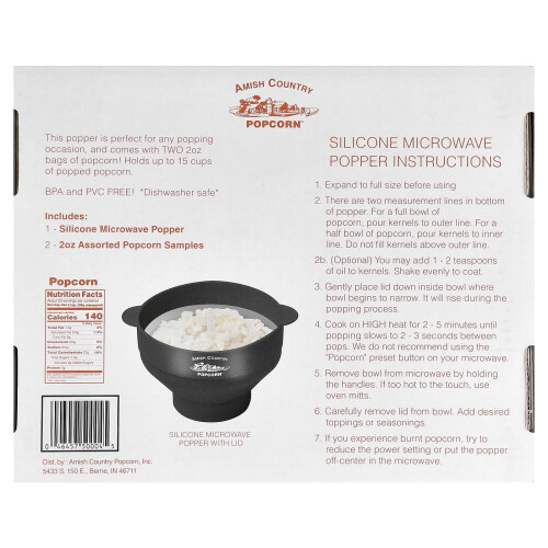 Amish Country Popcorn, Silikon Mikrovågs Popcorn Popper, Grå, 4 St 1