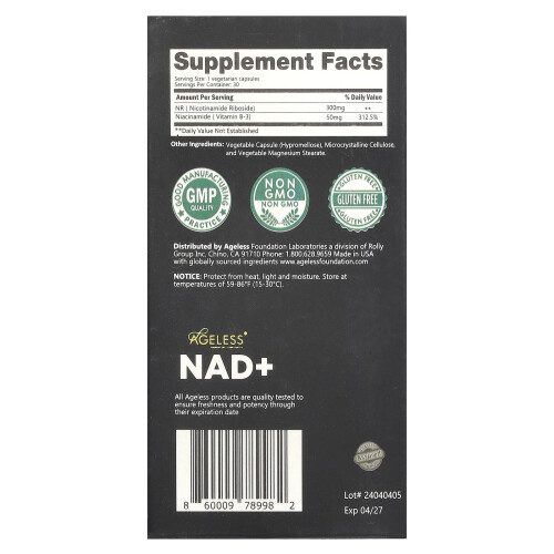 Ageless Foundation Laboratories, NAD+ Boost, 30 Veg Cápsulas 1