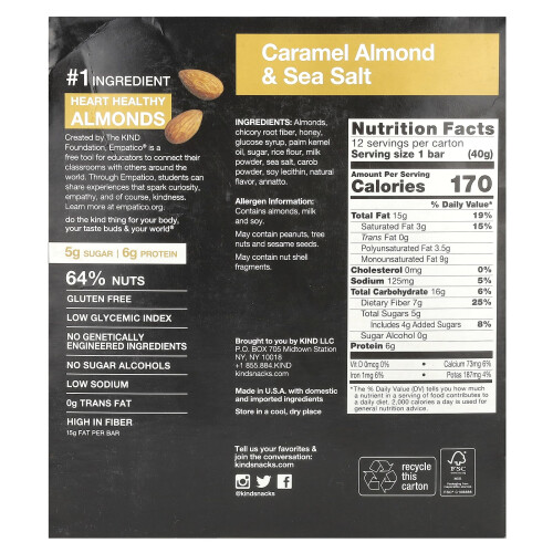 KIND Bars KIND Μπάρες, Καραμέλα Αλμόνι & Θάλασσα Αλάτι, 12 Μπάρες, 1,4 oz (40 g) Κάθε 1