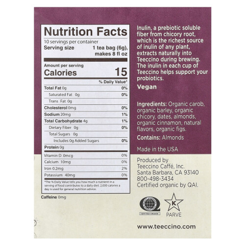 Teeccino, gerösteter Kräutertee, Snickerdoodle, koffeinfrei, 10 Teebeutel, 2,12 oz (60 g) 1