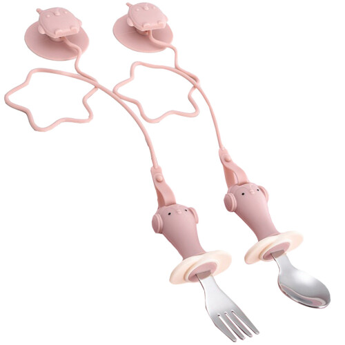 1Ensemble Ensemble Couverts Enfant Rose Silicone Acier Auto-Alimentation