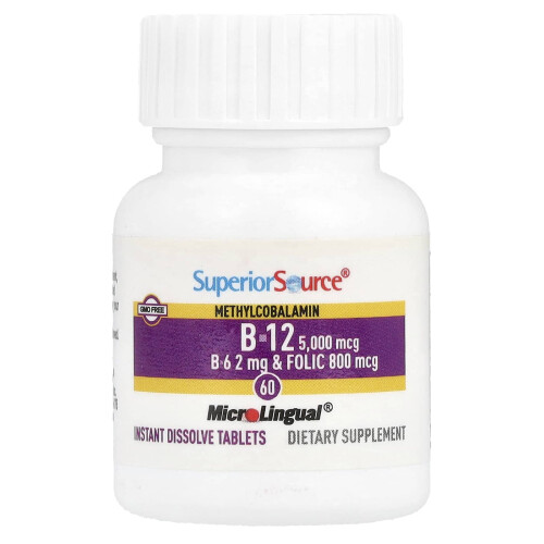 Superior Source, Acido Folico, B-6 e B-12 Methylcobalamina, 5.000 mcg, 60 Compresse Instant Dissolve MicroLingual 2