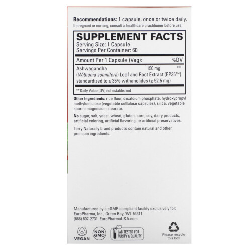 Terry Naturally, Ασβάγκαντα EP35, 60 Φύλλα (150 mg ανά Φύλλο) 1