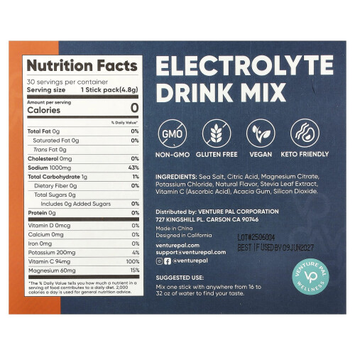 Venture Pal, Μίγμα Ηλεκτρολυτών, Πορτοκάλι, 30 Stick Packs, 0.17 oz (4.8 g) Each 1