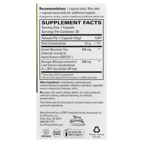 Terry Naturally, Tea de Munte Greacă + Bacopa, 30 Capsule 1