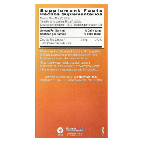 Bio Nutrition, Zinkcitrat, 30 mg, 100 Tabletten 1